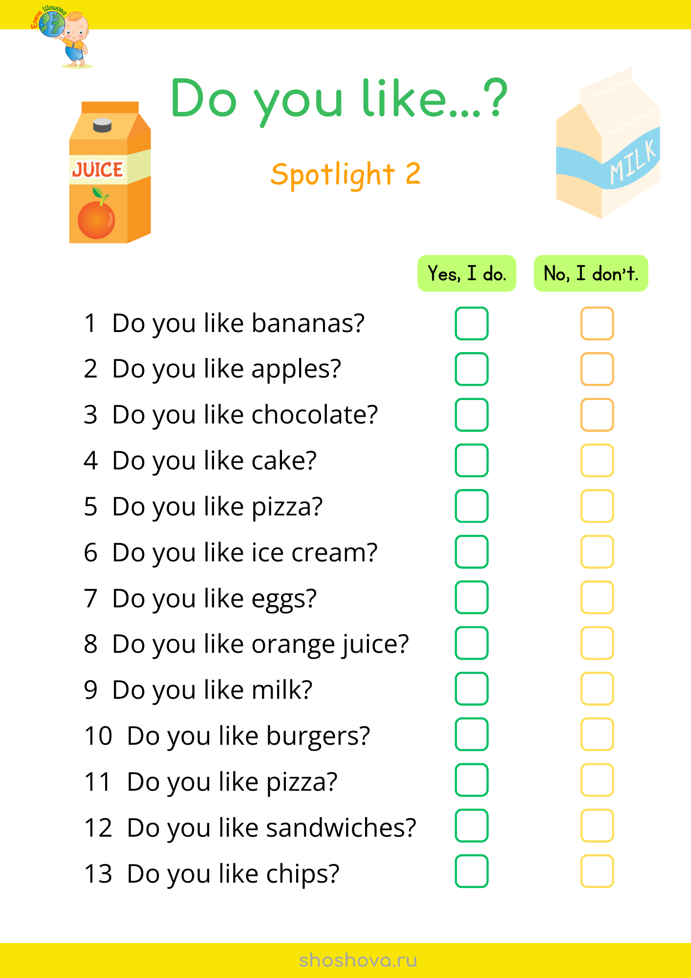 Устное задание "Do you like...? к Spotlight 2. Опросник по теме "Еда" на английском языке.
