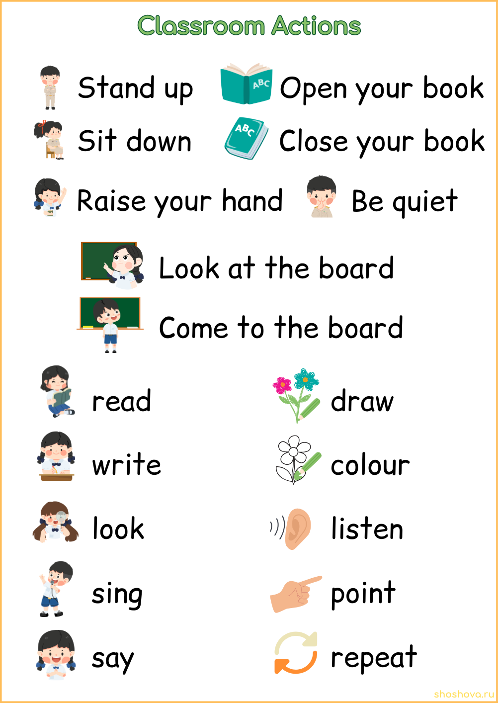 Английский словарик Classroom actions - действия в классе. Шпаргалка-вклейка в тетрадь для учеников.