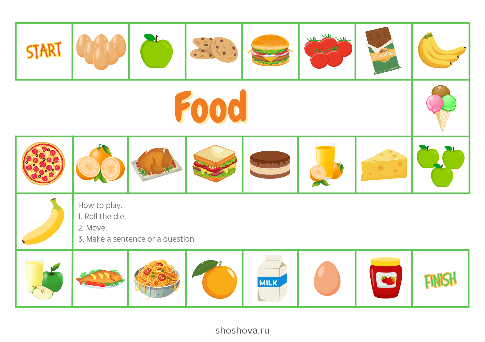 Настольная игра "Еда" на английском. Подойдет для уроков по Spotlight 2,3. Food board game.