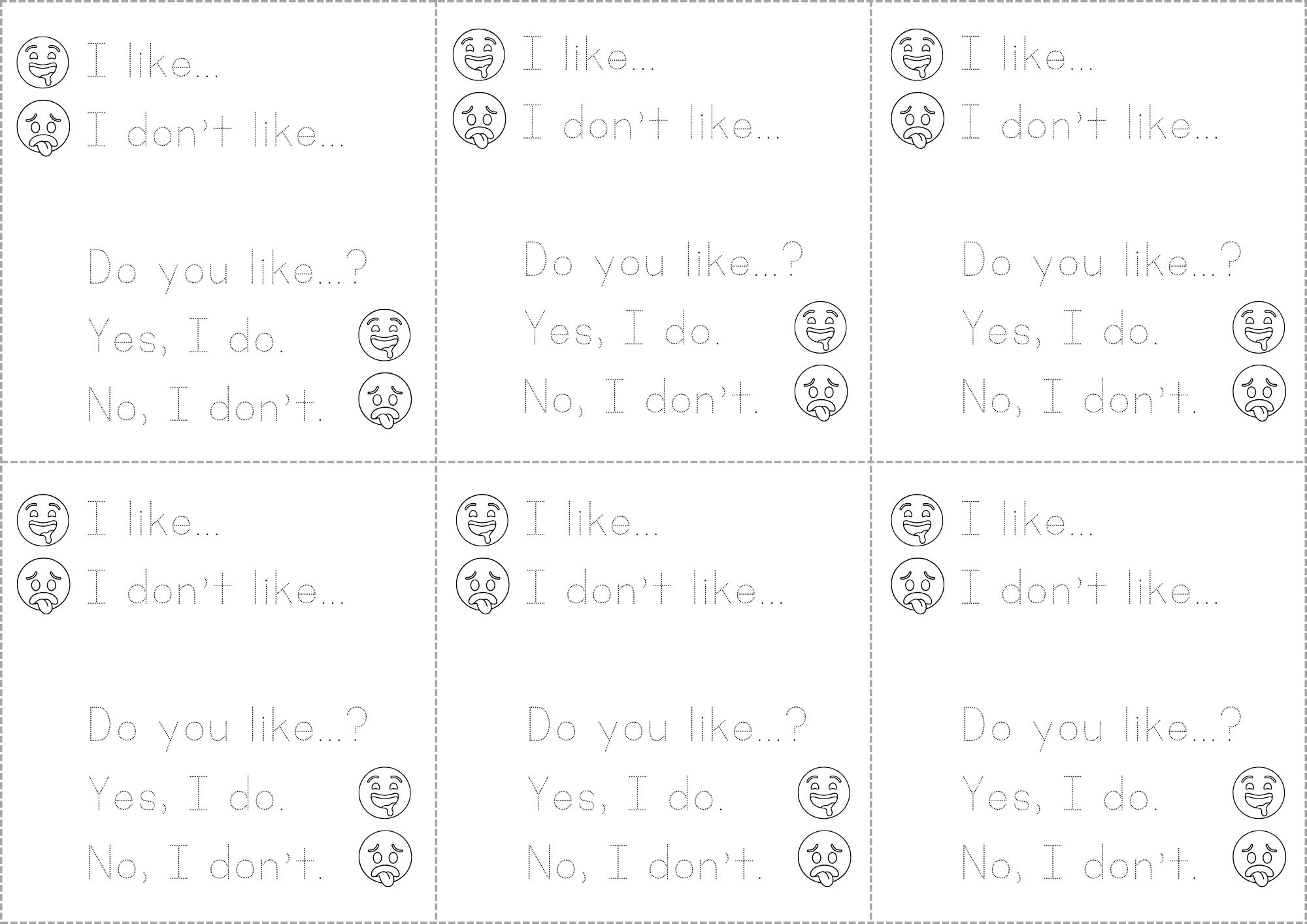 Шпаргалка на конструкции I like, I don't like, Do you like для детей 2 класса.