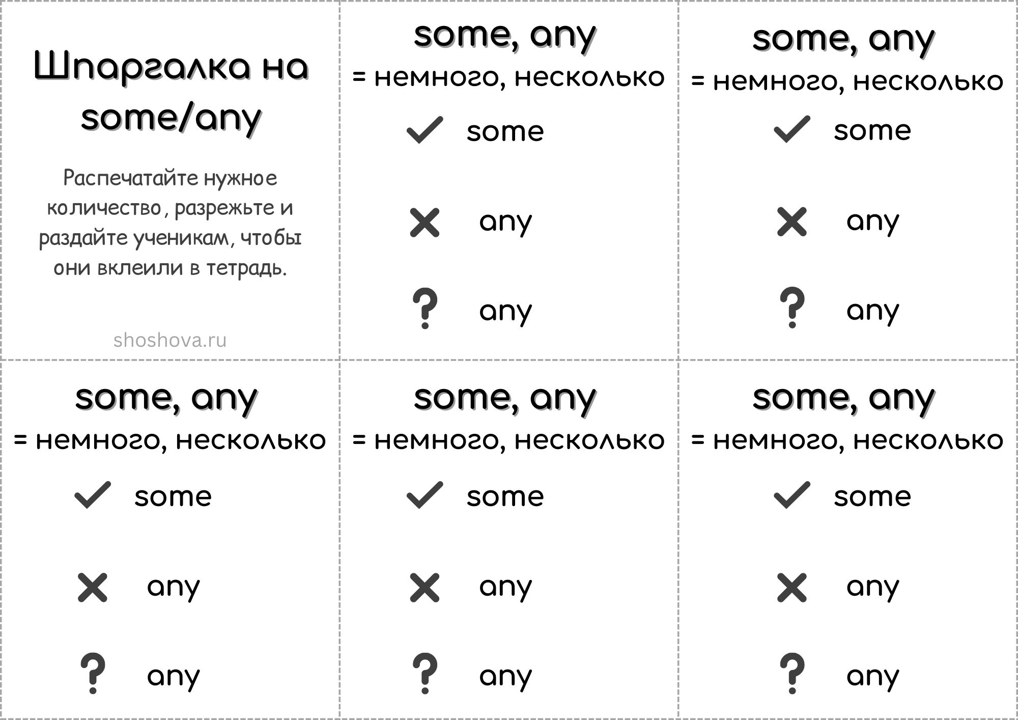 Some, any для детей - в каких предложениях используются. Шпаргалка-вклейка в тетрадь.